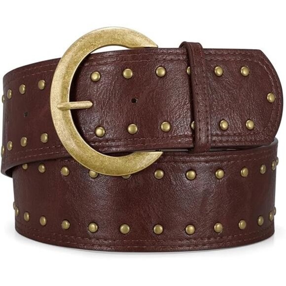 Wide Chunky Studded Brown Leather Vintage Style Waist Belt with Brass Buckle main image 8